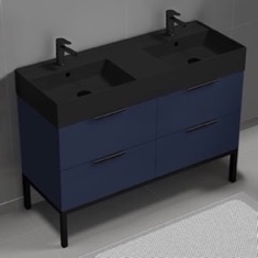 Modern Double Bathroom Vanity, Blue, 48 inch, Free Standing